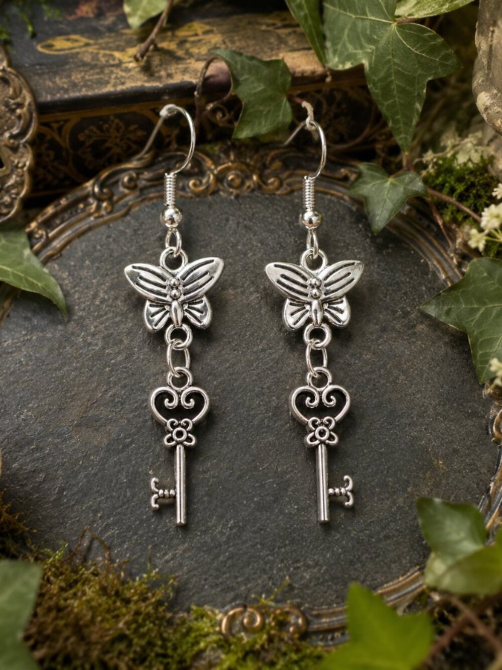 The Fairy Gate Relics™ Butterfly Key Earrings | Silver Fairy Cottagecore